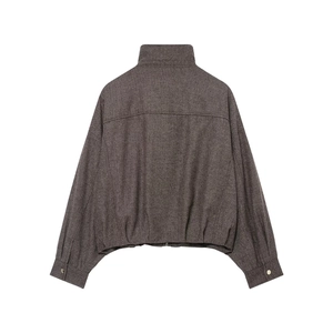 Back view of a dark brown herringbone bomber jacket with stand collar and puff sleeves