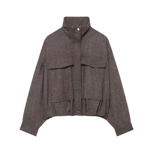 Women's cropped herringbone bomber jacket with stand collar and flap pockets