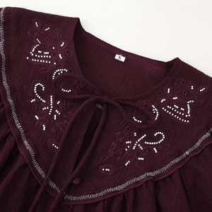 Deep burgundy long sleeve shirt with beaded collar and striped texture for women