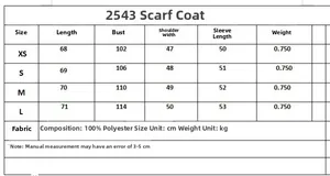 Detailed size chart for loose long sleeve coat with scarf in various sizes and measurements