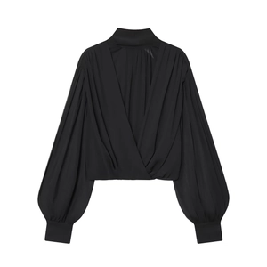 Élégante blouse plissée noire semi-transparente à col montant et manches ballon