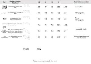 Size guide for women's winter jacket showing XS to L measurements and polyester material