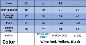 Detailed size chart for long sleeve layered top with measurements in XS, S, M, and L