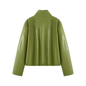 Olive green faux leather jacket for women with stand collar and loose fit back view