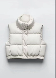 Women's minimalist off-white quilted puffer vest with stand collar and cropped fit