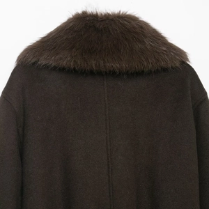 Women's deep brown wool coat with a luxurious thick faux fur collar and back stitch detail