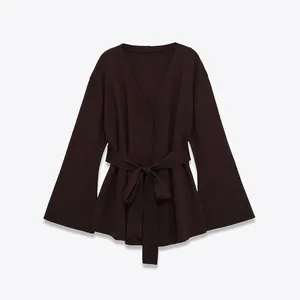 Damen Mode Strickjacke V Ausschnitt Glockenärmel Langarm Strickoberbekleidung Mit Gürtel Einfarbig Casual Strickjacke Jacke