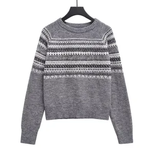 Women's Casual Round Neck Fair Isle Knit Sweater Long Sleeve Vintage Geometric Pattern Pullover Gray Loose Knitwear Top