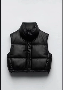 Women's black faux leather padded vest with high collar and quilted puffer style