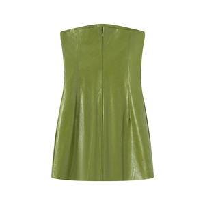Avocado green PU leather tube mini dress with back zipper and A-line silhouette