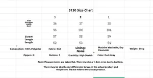 Size chart for knit cardigan showing S, M, L dimensions and 100% polyester material details