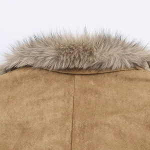 Brown faux suede jacket featuring a plush faux fur collar and premium stitching details