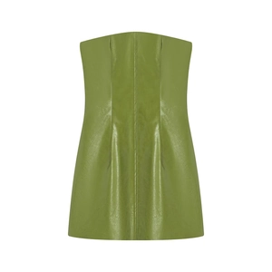 Women's avocado green faux leather tube mini dress with a slim A-line fit and sleek finish