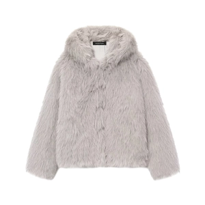 Veste à capuche en fausse fourrure grise pour femme, manteau d'hiver sur fond blanc