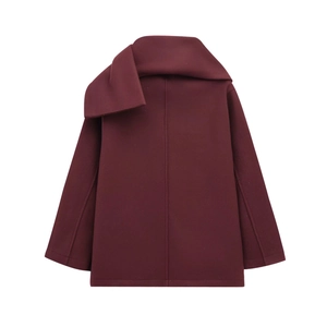 Detail view of the deep wine red wool blend coat featuring a wide draped collar design