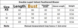 Size chart for double-breasted velvet blazer with feathers detailing dimensions XS to L