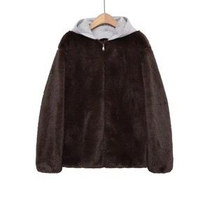 Veste en Fausse Fourrure pour Femme Avec Capuche Couleur Contrastée Fermeture Éclair Manteau Court Chaud Hiver Streetwear