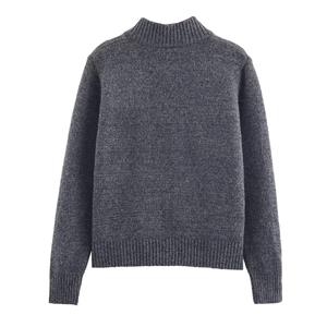 Detail view of dark grey thick knit cardigan with gold thread and ribbed stand collar
