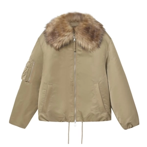 Women Bomber Jacket Khaki Polyester Warm Fur Collar Zipper Sleeve Pocket Vintage Streetwear Windproof Loose Coat