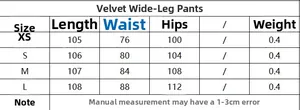 Size guide for velvet wide leg trousers showing length, waist, and hip measurements