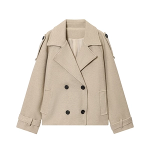Short double-breasted beige wool-blend coat with lapel collar and black buttons