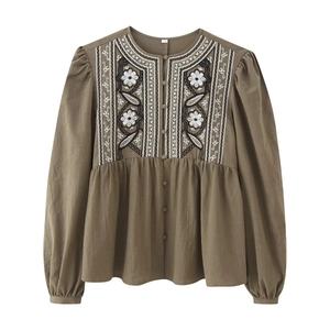 Women Vintage Olive Green Embroidery Blouse Round Neck Puff Sleeve Casual Floral Ethnic Boho Shirt Elegant Ladies Top
