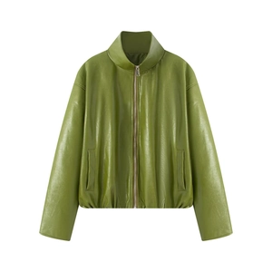 Women's Fashion PU Leather Jacket And Tube Top Mini Dress Grass Green Splicing Elegant Casual Outfits Top And Bottom