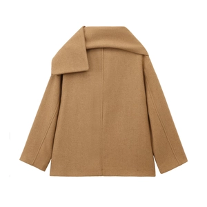 Rear view of long camel wool coat with wide asymmetrical collar and minimalist design