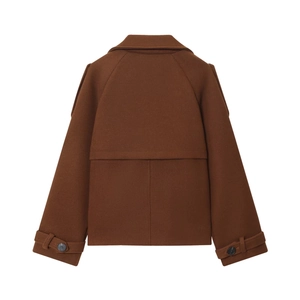 Women's dark brown short faux wool coat featuring a back flap and adjustable cuffs