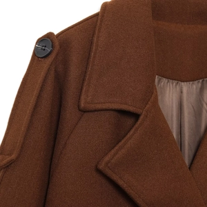Women's dark brown faux wool double-breasted coat with lapel collar and epaulettes
