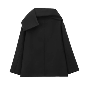 Detailed close-up of a black wool coat with an oversized asymmetric fold-over collar