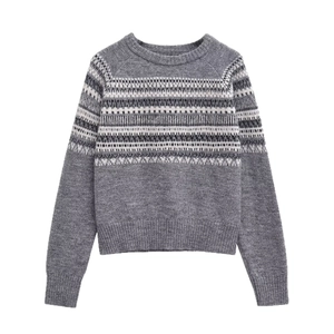 Gray crewneck knit sweater with Fair Isle geometric patterns and ribbed trims