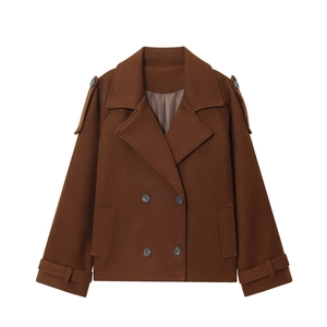 Women's stylish double-breasted caramel wool blend coat with lapels and shoulder straps