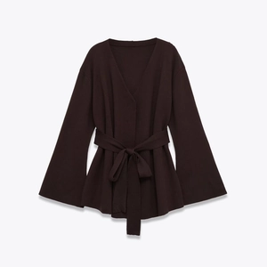 Donna Cardigan a Maglia Casual Scollo a V Manica a Campana Cintura in Vita Top in Maglia Maglione Cioccolato Caffè Autunno Elegante Moda Capispalla