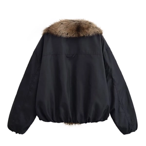 Women's black oversized bomber jacket featuring a wide dark brown faux fur collar back view