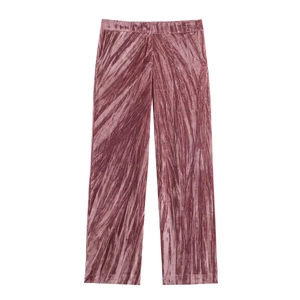 Detailed texture of dusty pink crushed velvet wide leg trousers with elastic waist