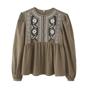 Army green long sleeve blouse with detailed ethnic floral embroidery and puff sleeves
