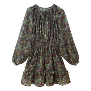 Vintage Paisley Druck Langarm Mini Kleid Für Damen Elegant Gezogener Bund Rüschensaum Metallfaden Boho Chiffon Kleid