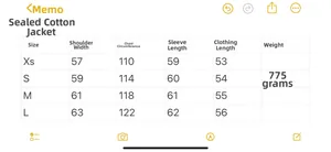 Size chart for hooded padded jacket with detailed chest and shoulder measurements