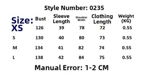 Detailed size chart for women loose outfit set with bust, shoulder and length measures