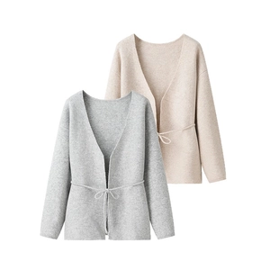 Cardigans classiques en cachemire gris clair et beige avec col en V et fermeture à lacets