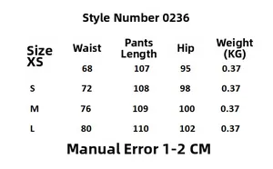 Detailed size chart for wide-leg trousers showing waist, length, and hip measurements