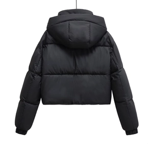 Back view of black hooded padded jacket featuring wide quilting and elasticated cuffs