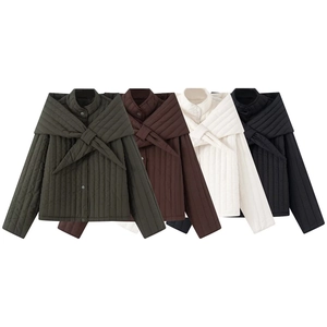 Women Quilted Padded Jacket With Detachable Scarf Collar Fashion Long Sleeve Snap Button Warm Winter Coat Outwear