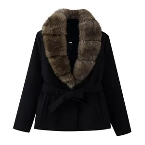 Elegant black belted wool coat for women with a luxurious faux fur collar and slim waist