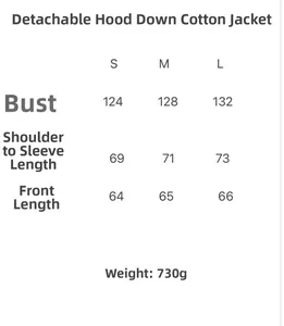 Detailed size chart for hooded warm cotton jacket with S, M, and L measurements