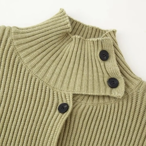 Sage green ribbed knit cardigan featuring a mock neck and three black decorative buttons