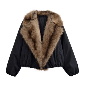 Women Fashion Loose Faux Fur Collar Bomber Jacket Warm Winter Coat With Zipper Black Long Sleeve Padded Outwear For Lady