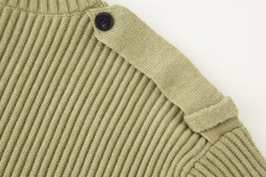 Sage green ribbed knit turtleneck cardigan with military-style epaulet shoulder detail
