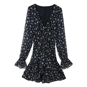 Women Sexy V Neck Floral Print Long Sleeve Mini Dress Ruffle Layered Tiered Skirt Slim Fit Chiffon Style Pullover Party Dress